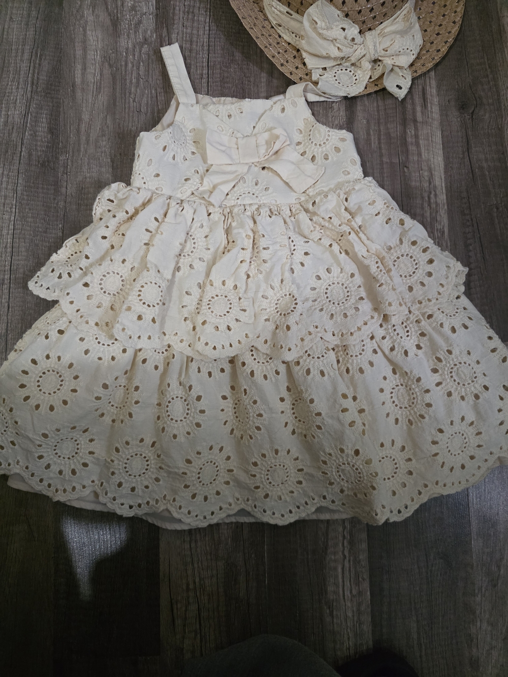 Blueberi Boulevard Cream Eyelet Ruffle Sundress with Straw Hat Accent - Picture 4 of 4